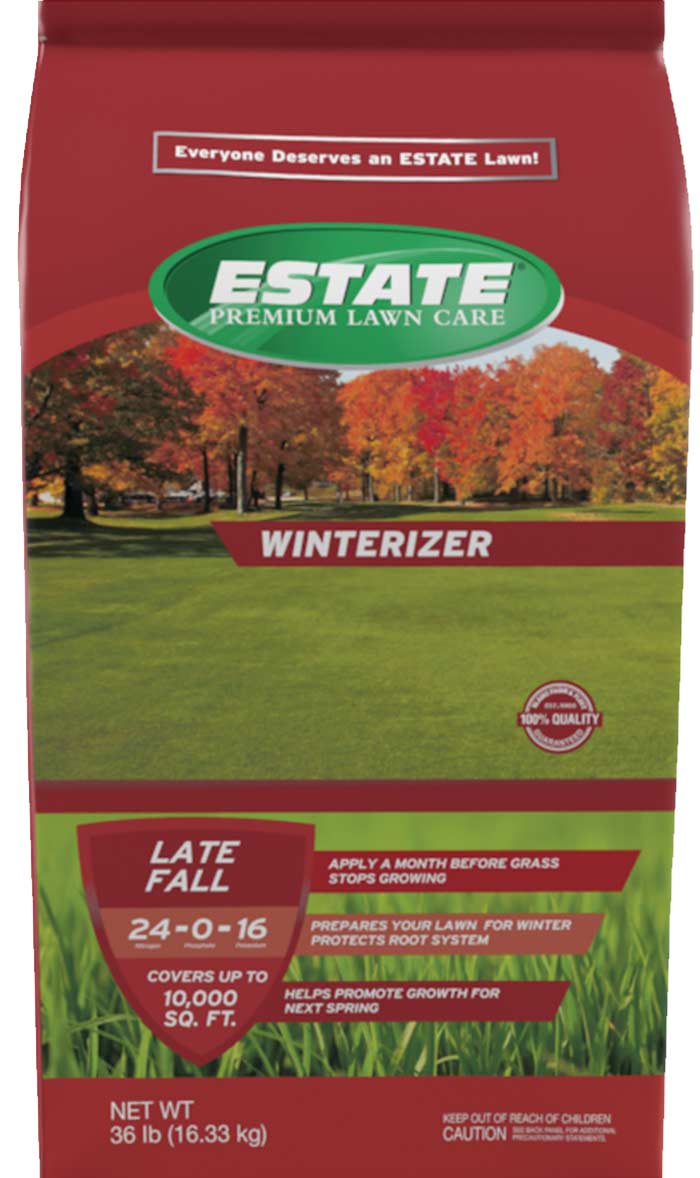 A bag of Estate late fall winterizer fertilizer