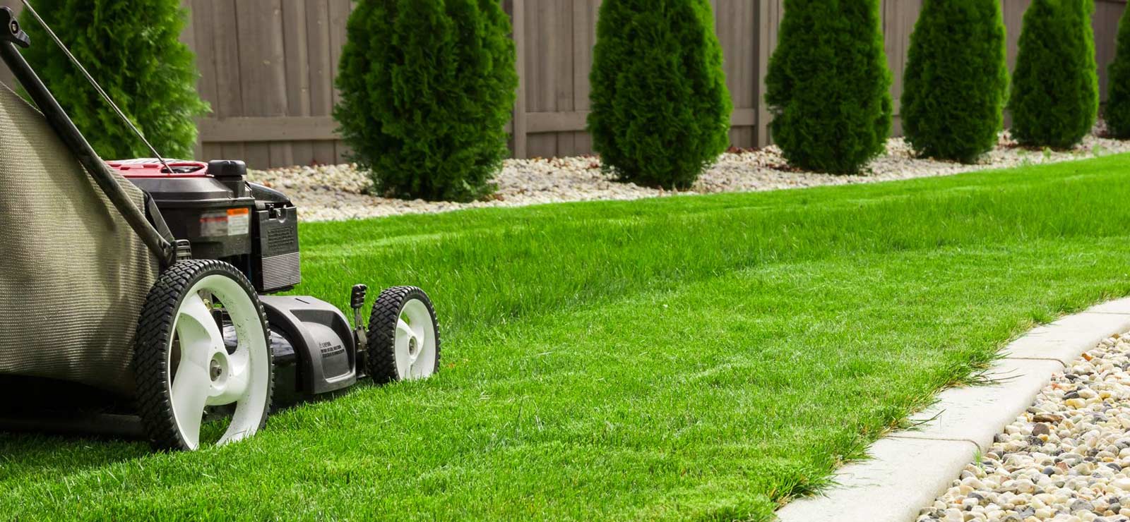 A picture of a lawn mower mowing grass alongside landscaping