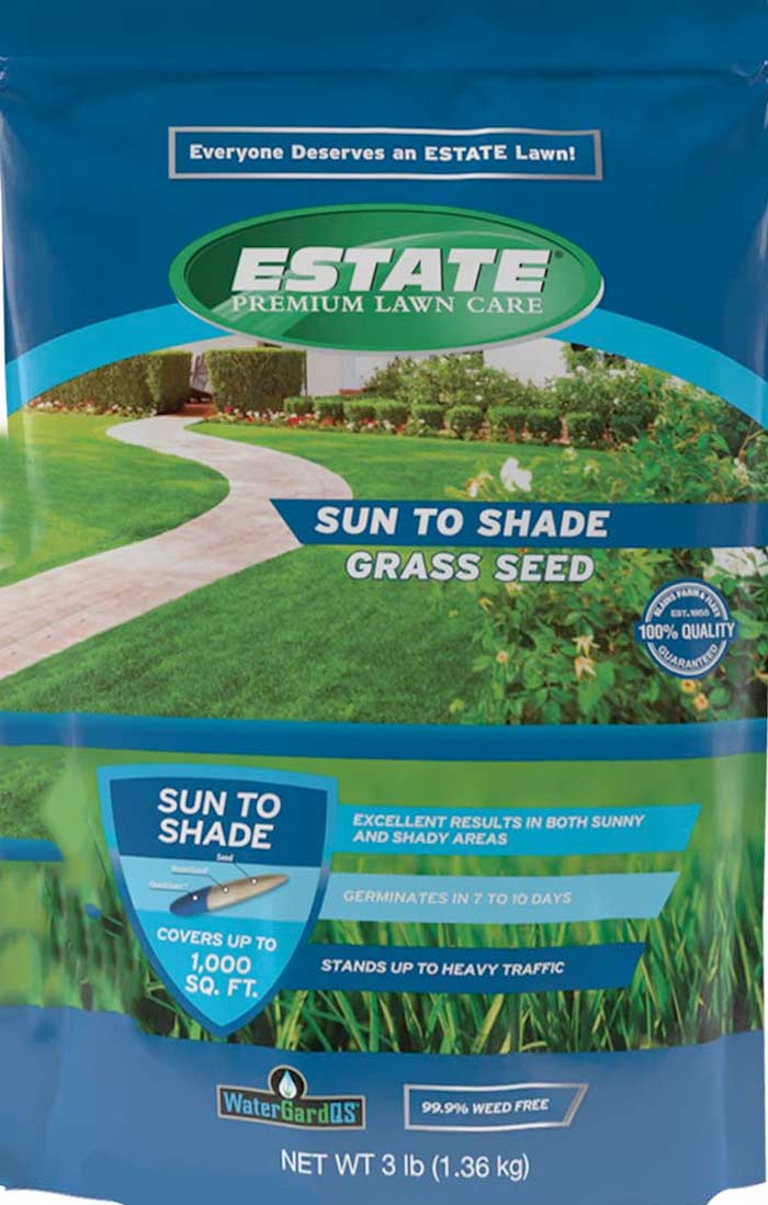 A bag of Estate Sun to Shade Grass Seed