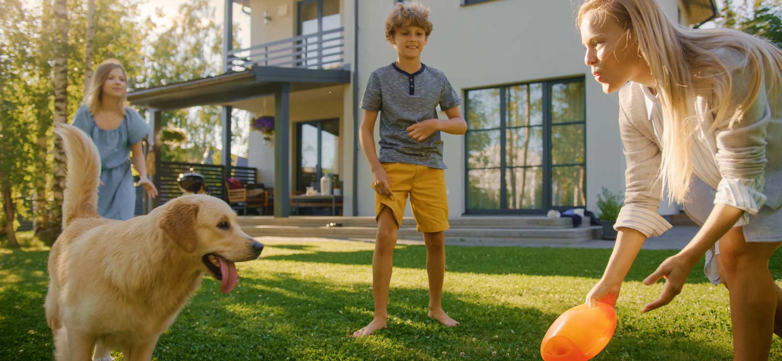 A picture of a dog with an adult male and female standing on a lawn