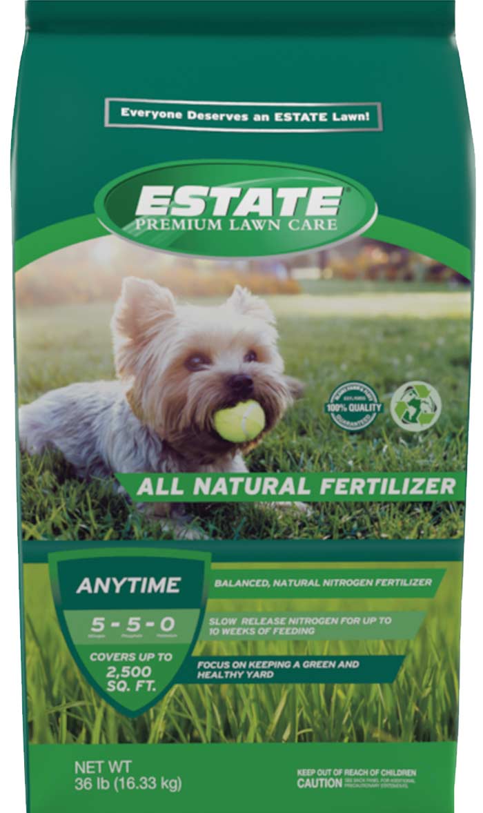 A bag of Estate anytime all natural fertilizer