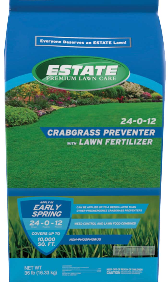 A bag of Estate early spring crabgrass preventer fertilizer