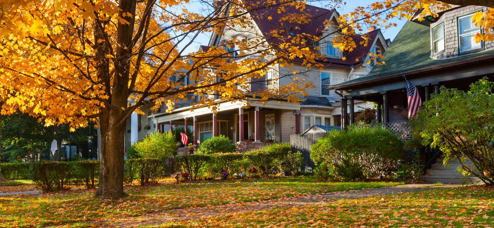 A picture of a house with shurbs and trees with fall colors