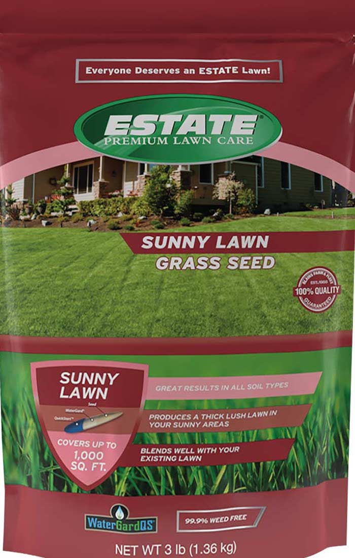A bag of Estate Sunny Lawn Grass Seed
