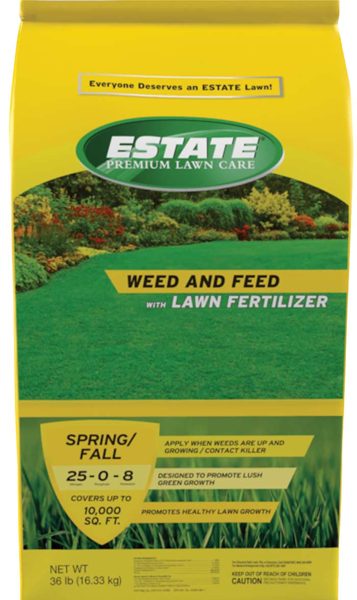 A bag of Estate spring/fall weed and feed fertilizer